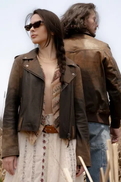 Clearance Frye Authentic Soft Lamb Crackle Leather Biker Jacket Brown