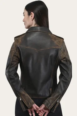 Clearance Frye Authentic Soft Lamb Crackle Leather Biker Jacket Brown