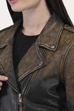 Clearance Frye Authentic Soft Lamb Crackle Leather Biker Jacket Brown