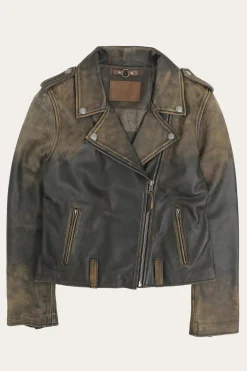 Clearance Frye Authentic Soft Lamb Crackle Leather Biker Jacket Brown