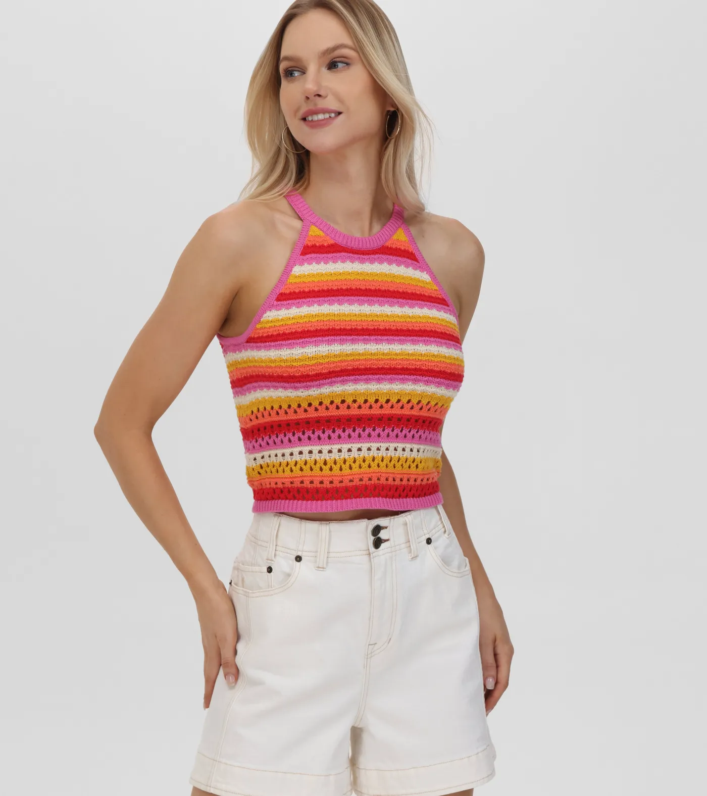 Sale Frye Crochet Striped Halter Neck Tank Bleached Sand Combo
