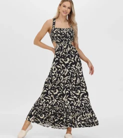 New Frye Smocked Cut Out Maxi Dress Black Beauty Combo