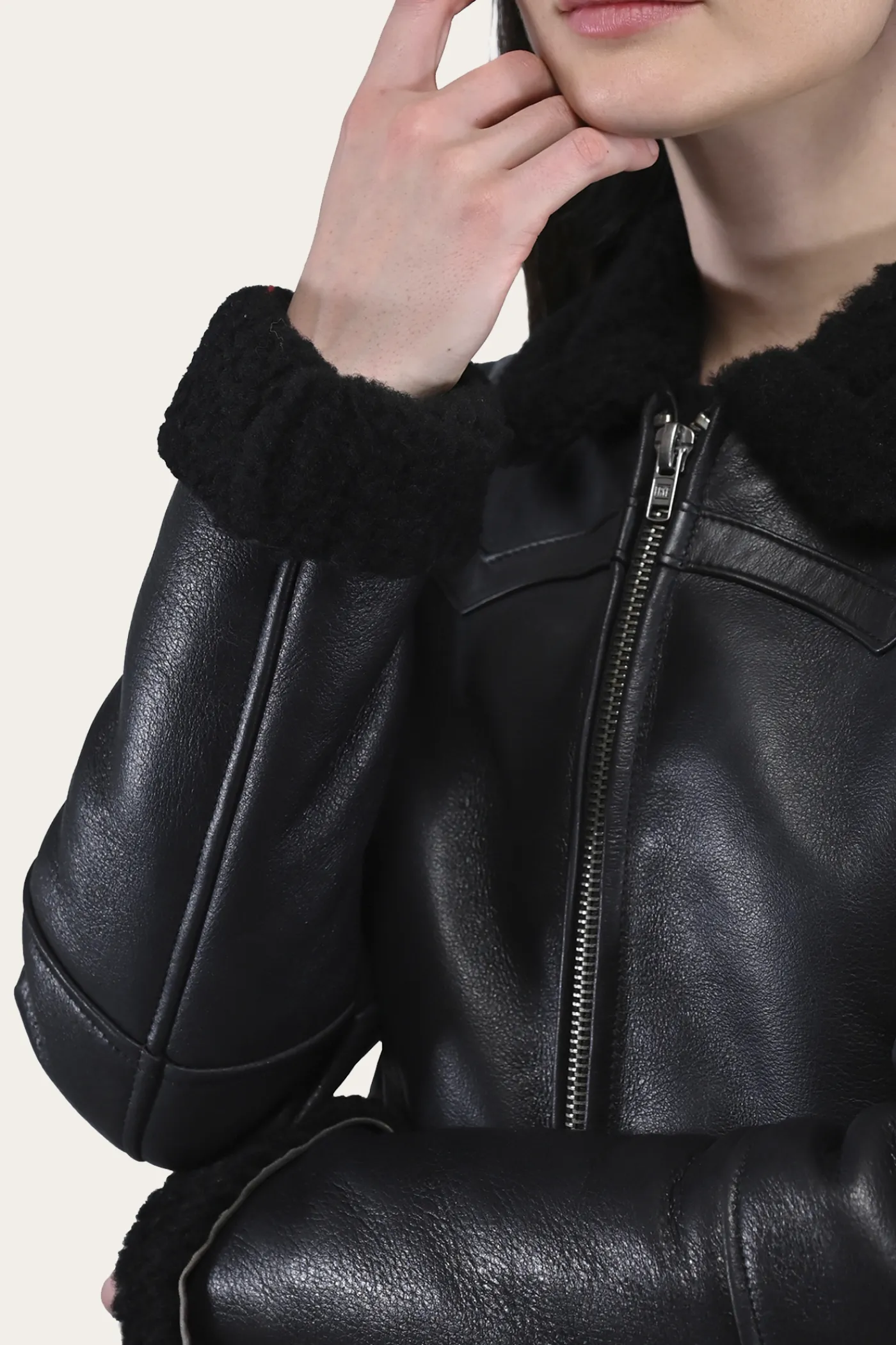 Discount Frye Women's Leather Jacket With Sherling Collar And Cuffs Black