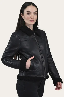 Discount Frye Women's Leather Jacket With Sherling Collar And Cuffs Black