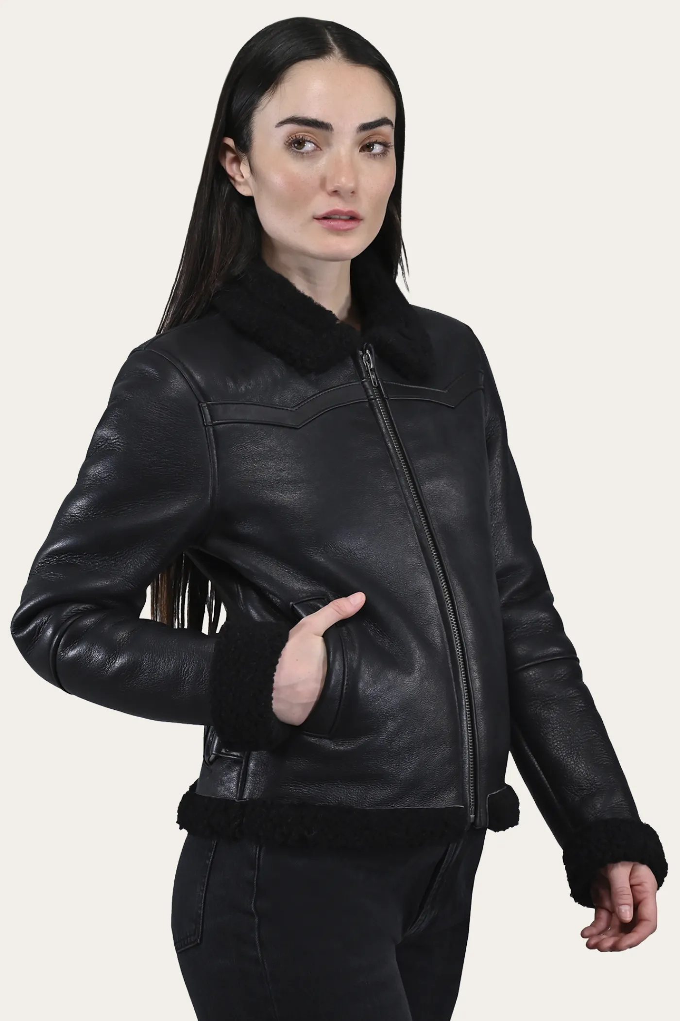 Discount Frye Women's Leather Jacket With Sherling Collar And Cuffs Black