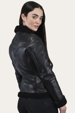 Discount Frye Women's Leather Jacket With Sherling Collar And Cuffs Black
